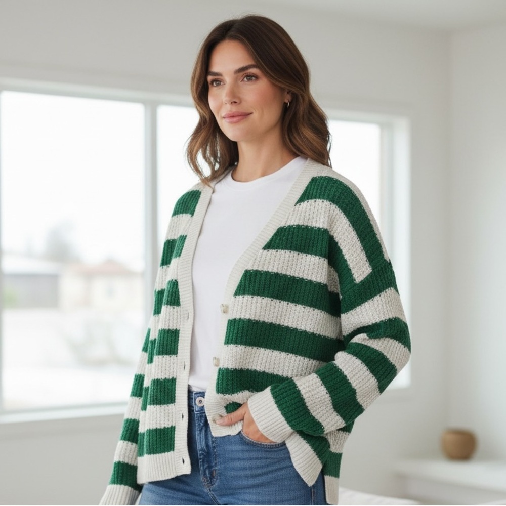 Striped Green & White Boyfriend Sweater